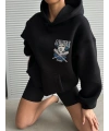 3 iplik şardonlu oversize kafa baskılı sweat siyah