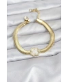 316L Çelik Gold Renk Beyaz Yonca Model Zirkon Taşlı Yılan Zincirli Kadın Bileklik