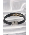 316L Çelik Gold Renk Gemi Dümen Figür Siyah Renk Çift Sıra Burgu Desenli Deri Kordon Erkek Bileklik