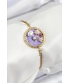 316L Çelik Zincir Mor Mineli Sanatsal Portre İnci Detaylı Çiçek Model Gold Renk Kadın Bileklik