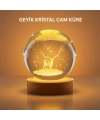 3D Geyik Desenli Kristal Küre USB Işıklı Ahşap Tabanlı Oda Lambası