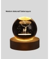 3D Geyik Desenli Kristal Küre USB Işıklı Ahşap Tabanlı Oda Lambası