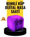 7 Renk LED Işıklı Alarmlı Dijital Küp Masa Saati Termometreli