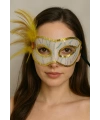 Altın Renk Yandan Tüylü Pul Payet İşlemeli Parti Maskesi 23x12 cm