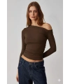 Asimetrik yaka bluz kahve pt