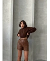 Beli lastikli çıtçıtlı deri şort kahve w241007