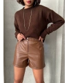 Beli lastikli çıtçıtlı deri şort kahve w241007