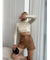 Beli lastikli deri şort kahve H24605