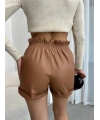 Beli lastikli deri şort kahve H24605