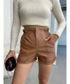 Beli lastikli deri şort kahve H24605