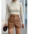 Beli lastikli deri şort kahve H24605