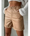 Beli lastikli duble paça deri şort bej w24755