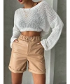 Beli lastikli duble paça deri şort bej w24755