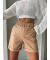 Beli lastikli duble paça deri şort bej w24755
