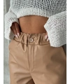 Beli lastikli duble paça deri şort bej w24755