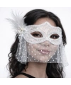 Beyaz Dantel Tüllü Peçeli Parti Maskesi – Tüylü İnci Detaylı
