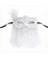 Beyaz Dantel Tüllü Peçeli Parti Maskesi – Tüylü İnci Detaylı