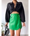 Cep detaylı oval kapaklı deri etek yeşil h240048