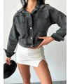 Çift cepli kol katlamalı süper taş enzim yıkama crop kot ceket füme d2000
