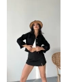 Çift cepli kol katlamalı süper taş enzim yıkamalı crop kot ceket siyah d2000