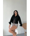 Çift cepli kol katlamalı süper taş enzim yıkamalı crop kot ceket siyah d2000