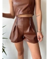 Çift fermuarlı deri şort kahve h24394