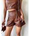 Çift fermuarlı deri şort kahve h24394