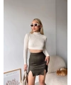 Çift yurtmaçlı süet etek haki s241002