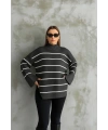 Çizgili ispanyol kol triko boğazlı kazak antrasit elf