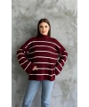 Çizgili ispanyol kol triko boğazlı kazak bordo elf
