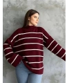 Çizgili ispanyol kol triko boğazlı kazak bordo elf