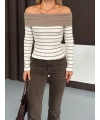 Çizgili madonna yaka kaşkorse bluz bej a844