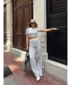 Crop pantolon biyeli takım gri