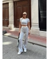 Crop pantolon biyeli takım gri