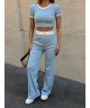 Crop pantolon biyeli takım mavi