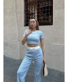 Crop pantolon biyeli takım mavi