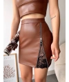Dantelli fermuarlı deri etek kahve w24598
