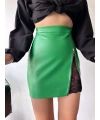Dantelli fermuarlı deri etek yeşil w24598
