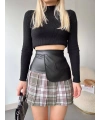 Deri garnili cepli ekose etek siyah s24604