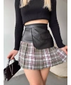 Deri garnili cepli ekose etek siyah s24604