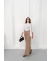Deri geniş paça beli lastikli pantolon bej h263644