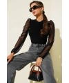 Dik yaka tül kollu bluz siyah t3066