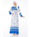 Düz Bisiklet Yaka Kadın Mavi Etnik Desenli Elbise