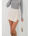 İki düğmeli kaz ayağı desen ch kumaş şort etek beyazturuncu h26414