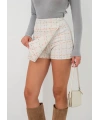 İki düğmeli kaz ayağı desen ch kumaş şort etek beyazturuncu h26414