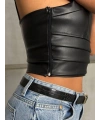 İp askılı yandan fermuarlı rastale deri crop siyah s24113