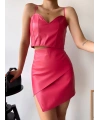 Kapaklı asimetrik model deri etek pembe s240106