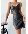 Kapaklı asimetrik model deri etek siyah s240106
