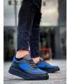 KB-X8 Kuback Siyah Cilt Mavi Süet Detaylı Siyah Yüksek Taban Günlük Spor Ayakkabı