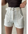 Kemer detaylı gabardin şort krem s25289